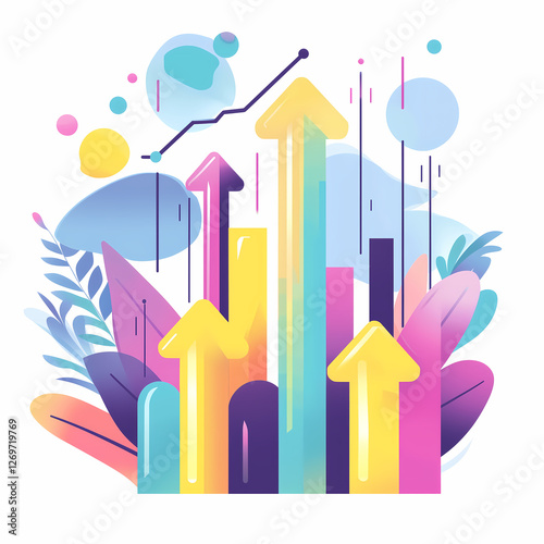 Upward Trajectory: Vibrant, abstract illustration featuring a collection of colorful arrows pointing upwards amidst a flurry of foliage and abstract shapes.