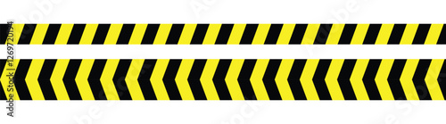 Warning tape with yellow and black diagonal stripes. Warn stop seamless line. caution alert background. Blank and yellow vector illustration warning background. 