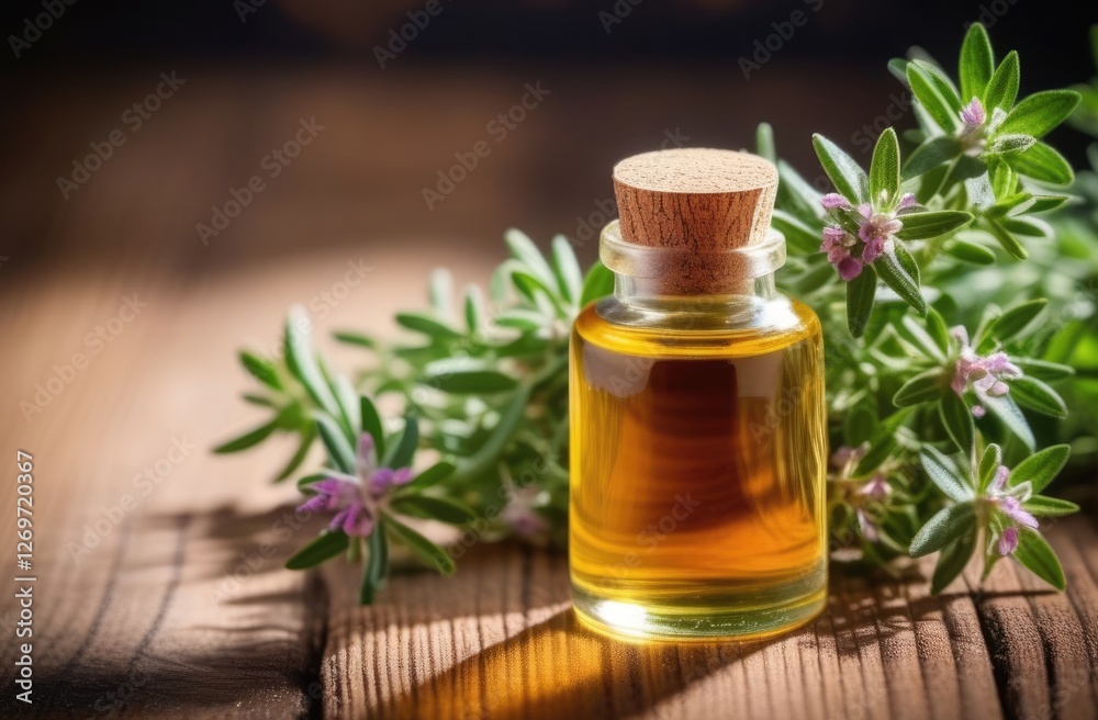 a small glass bottle of thyme oil on a wooden table, fresh green twig and thyme flowers, medicinal solution, wooden background, sunny day a small glass bottle of thyme oil on a wooden table, fresh green twig and thyme flowers, medicinal solution, wooden background, sunny day