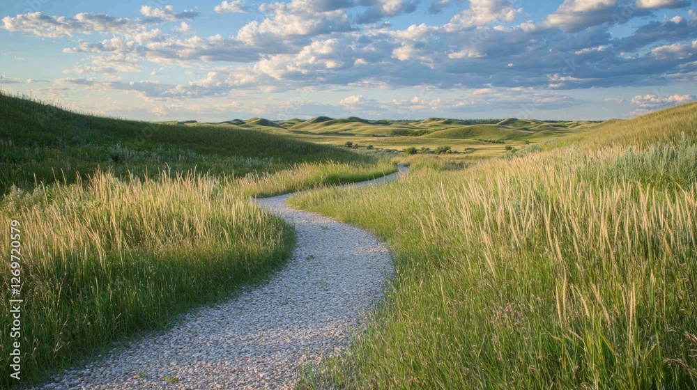 Scenic Winding Gravel Trail Through Lush Green Prairie Landscape