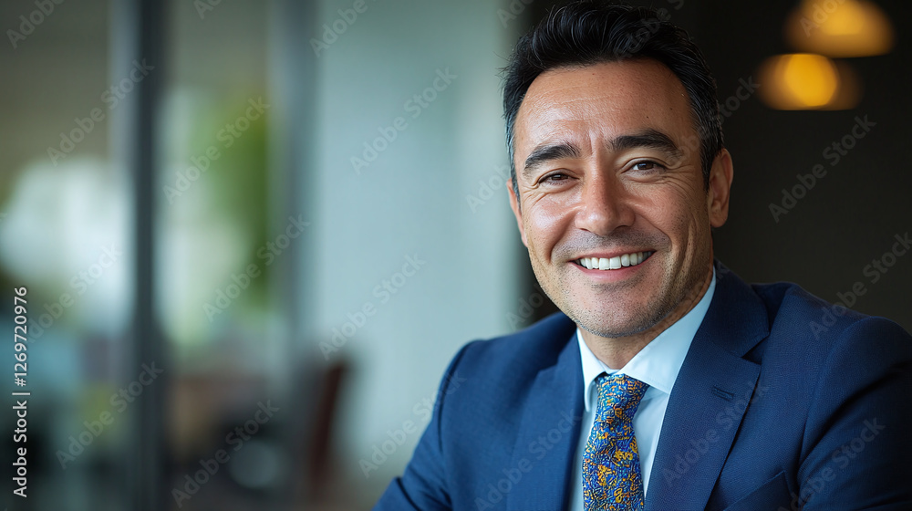 Portrait of a smiling happy business man in the office wearing a blue suit and a tie, blurred background. Portrait of a smiling happy business man in the office wearing a blue suit and a tie, blurred background.