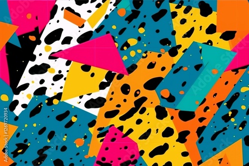 Neon Abstract Seamless Pattern: A vibrant and energetic abstract seamless pattern featuring a blend of geometric shapes, bold colors, and animal print motifs.