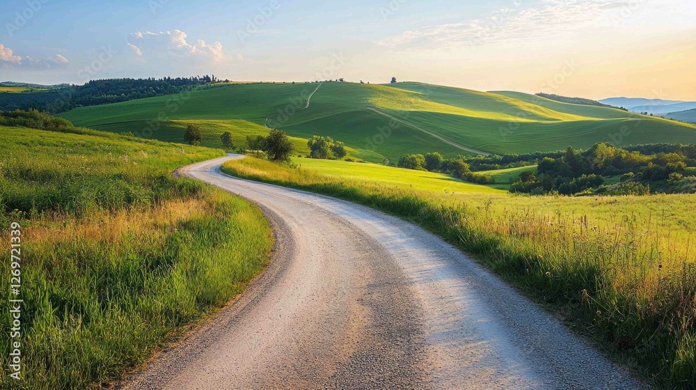 Naklejka premium Serene Winding Road Through Lush Green Countryside Landscape