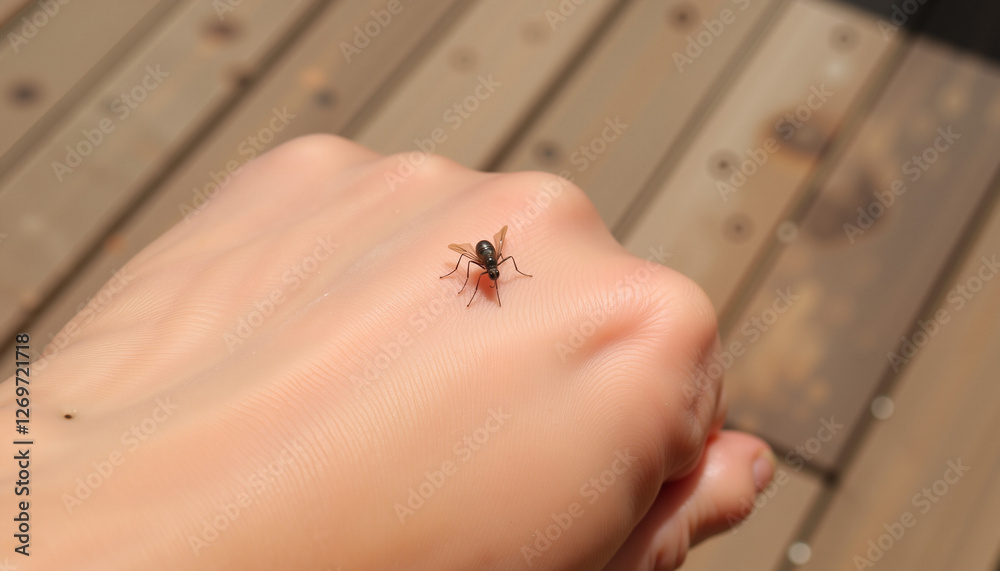 Obraz premium Mosquito crawling on human hand against wooden background