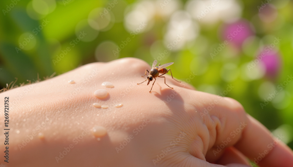 Obraz premium Mosquito exploring wet hand in garden