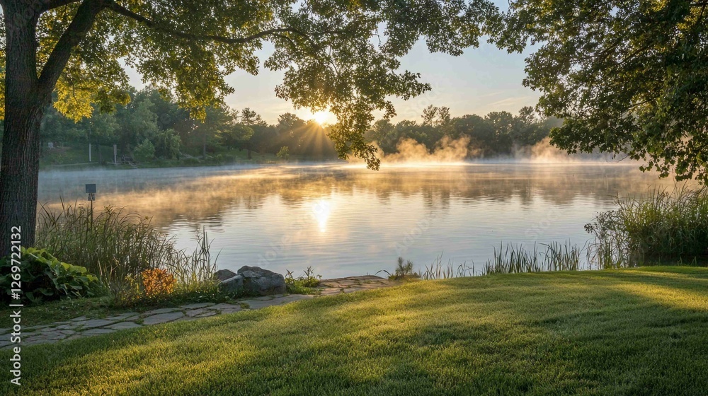 Serene Lakeside Scene with Gentle Mist at Dawn Light Reflection Serene Lakeside Scene with Gentle Mist at Dawn Light Reflection