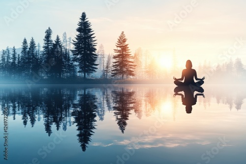 Woman meditating on water at sunrise with forest reflection in double exposure
