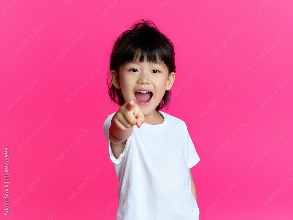 Excited Toddler, 2 Years Old, Pointing with Joy, Bright Hot Pink Backdrop, Playful Energy Excited Toddler, 2 Years Old, Pointing with Joy, Bright Hot Pink Backdrop, Playful Energy