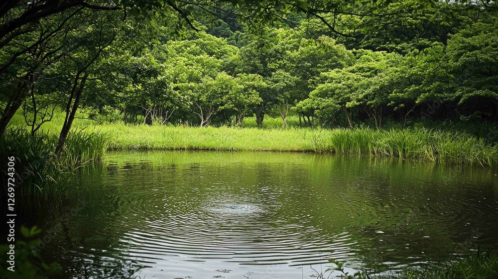 Serene Country Scene with Quiet Pond Surrounded by Greenery Serene Country Scene with Quiet Pond Surrounded by Greenery
