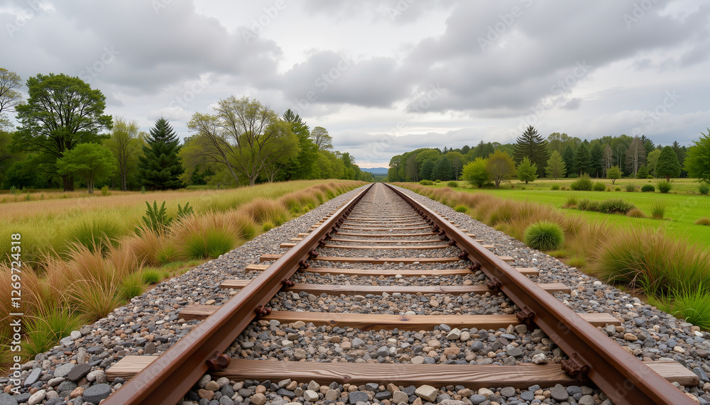 Railroad tracks stretching through grassy landscape under cloudy sky Railroad tracks stretching through grassy landscape under cloudy sky