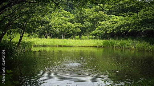 Serene Country Scene with Quiet Pond Surrounded by Greenery