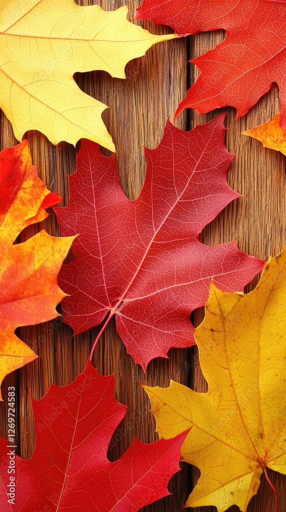 Colorful autumn leaves on wooden planks. Background is autumnal. Possible use seasonal backdrop Colorful autumn leaves on wooden planks. Background is autumnal. Possible use seasonal backdrop