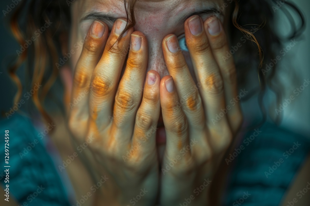 Obraz premium A poignant image capturing a person with curly hair covering their face with hands, conveying deep emotion and vulnerability, illustrating the human experience of distress.