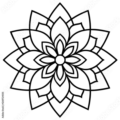 Intricate black and white mandala flower design with detailed petals and symmetrical patterns