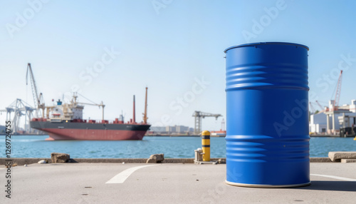 Blue barrel on waterfront with cargo ship in background