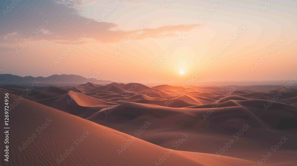 Fototapeta premium Serene Sunset Over Expansive Landscape with Soft Orange Hues