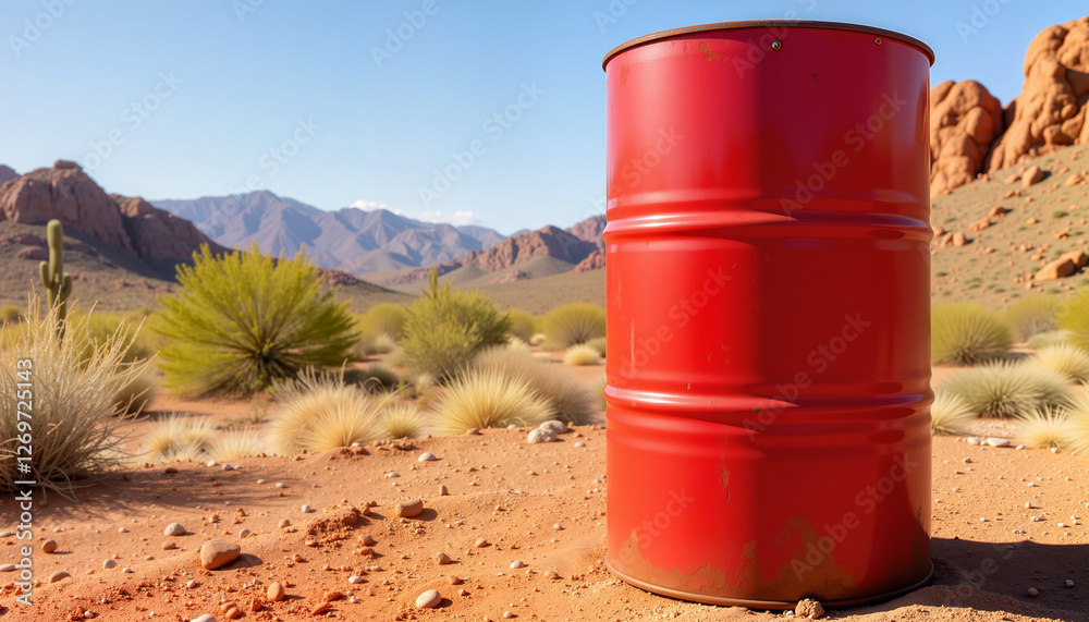 Red barrel in desert landscape with mountains Red barrel in desert landscape with mountains