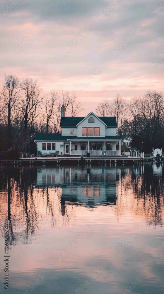 Fototapeta premium Serene Waterfront Home with Reflective Exterior at Dusk