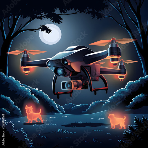 Drone thermal camera searching for lost pets infrared technology flying at night