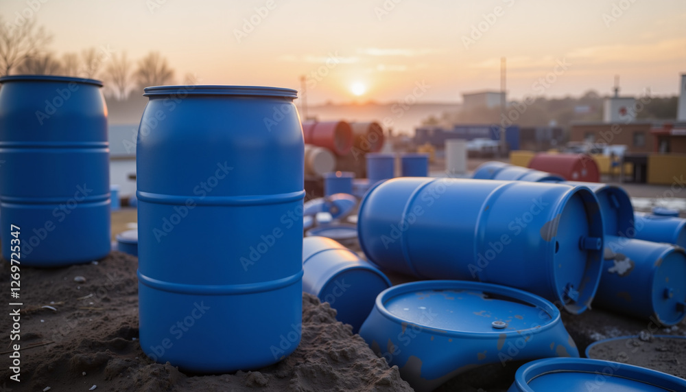 Blue barrels stacked at a sunrise industrial site Blue barrels stacked at a sunrise industrial site