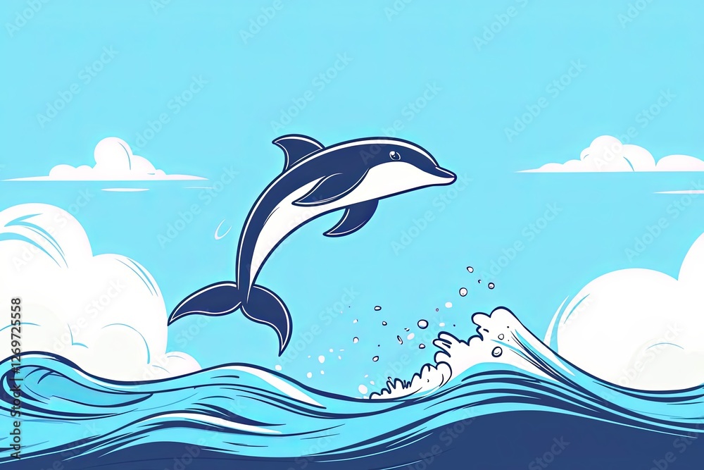Obraz premium Cartoon-style outlined dolphin jumping over a simple wave.