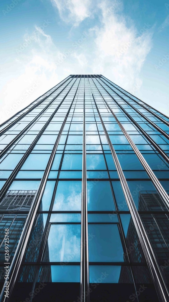 Obraz premium Sleek High-Rise Condominium Tower Viewed from Below Against Sky
