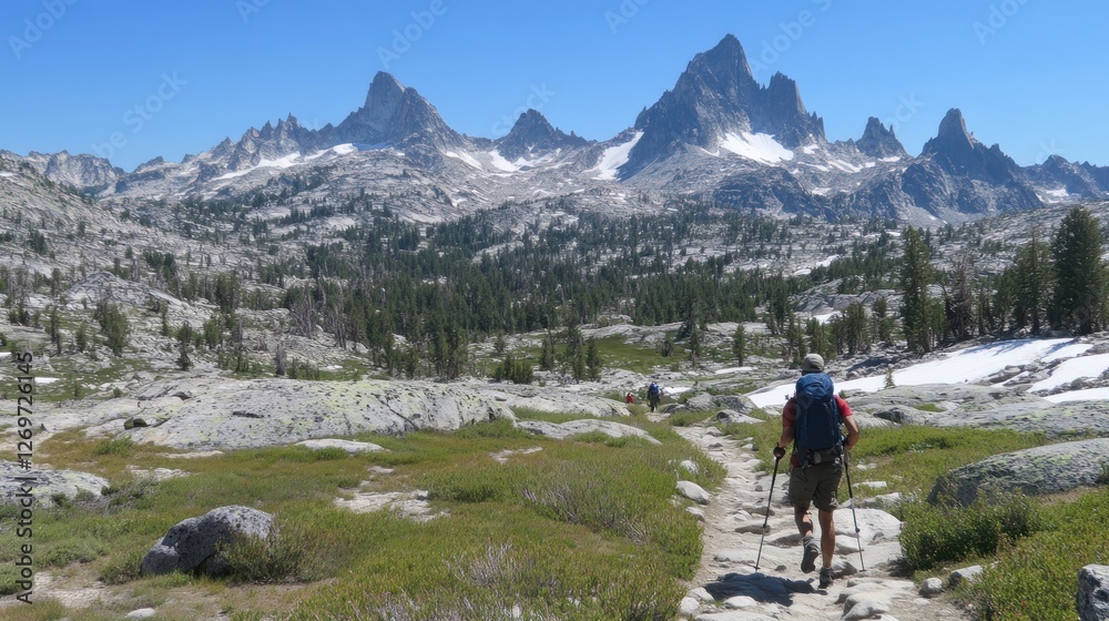 Hiker ascending a trail towards snow capped mountain peaks Hiker ascending a trail towards snow capped mountain peaks