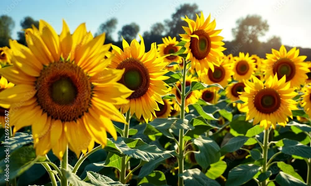Sunflower field at sunrise. Bright flowers. Outdoor. Use for nature or gardening Sunflower field at sunrise. Bright flowers. Outdoor. Use for nature or gardening