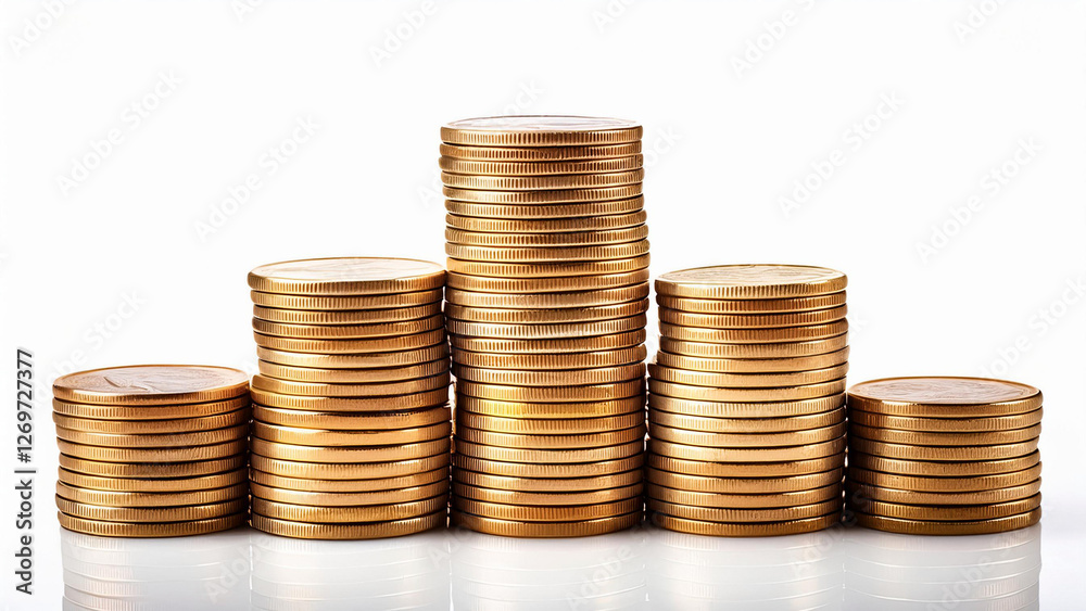 Cinco pilhas de moedas douradas sob fundo branco com reflexo. Arte ilustração para representar economia, reservas, finanças e orçamento. Bancos, instituições financeiras. Poupança e investimento. 