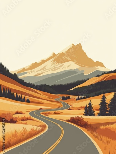 Abstract landscape on warm background. Mountain and road wallpaper in minimal style design with earth tone and summer color. For prints, interiors, wall art, decoration, covers, banner and poster. photo