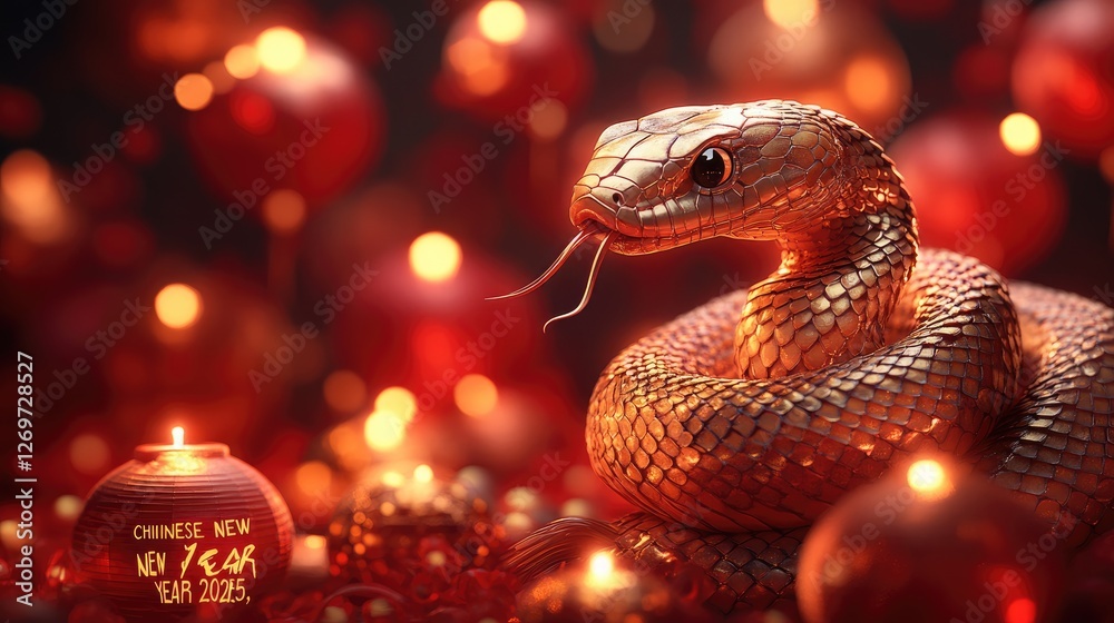 A golden snake surrounded by red lanterns, symbolizing the Chinese New Year 2023. A golden snake surrounded by red lanterns, symbolizing the Chinese New Year 2023.