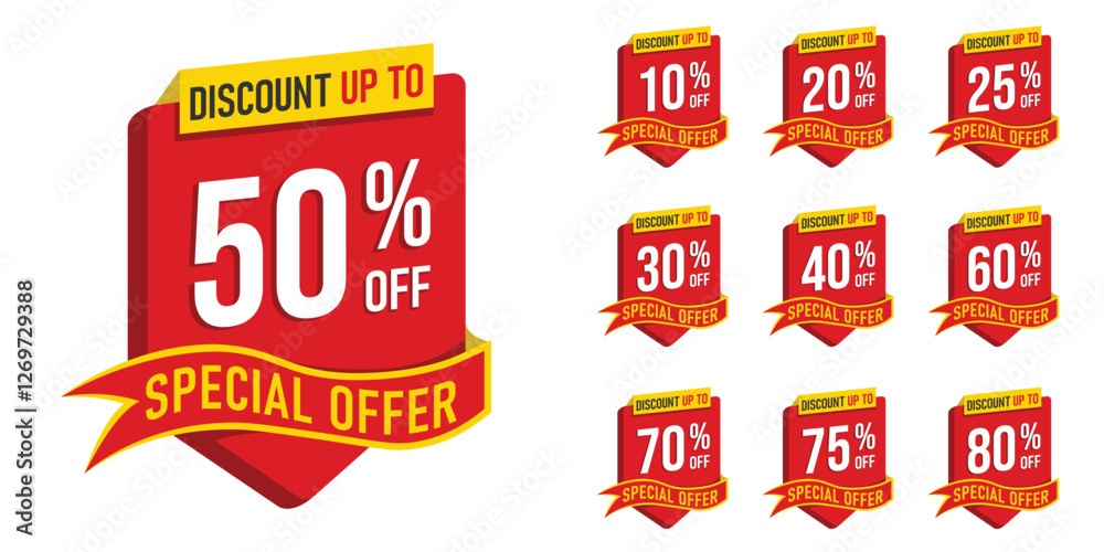 A vibrant collection of red and yellow discount badges offering various percentages off (10% to 80%) and a prominent 50% off special offer design. Perfect for retail promotions, online marketing A vibrant collection of red and yellow discount badges offering various percentages off (10% to 80%) and a prominent 50% off special offer design. Perfect for retail promotions, online marketing