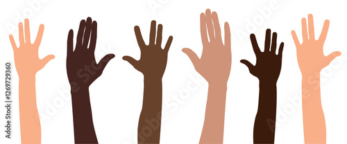 Vector raised hands of volunteers from diverse ethnic groups, symbolizing unity and support. A vibrant vector illustration on the theme of community and help. 