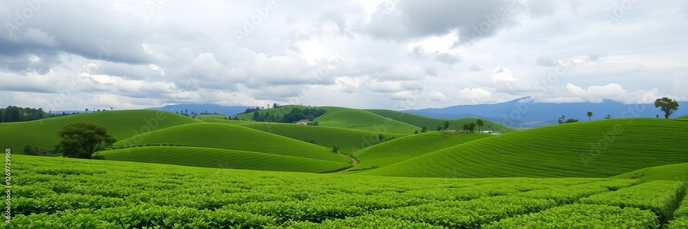 Lush green tea plantation in rolling hills with cloudy sky, serene agricultural landscape with vibrant rows of tea plants, serene, agricultural, green Lush green tea plantation in rolling hills with cloudy sky, serene agricultural landscape with vibrant rows of tea plants, serene, agricultural, green