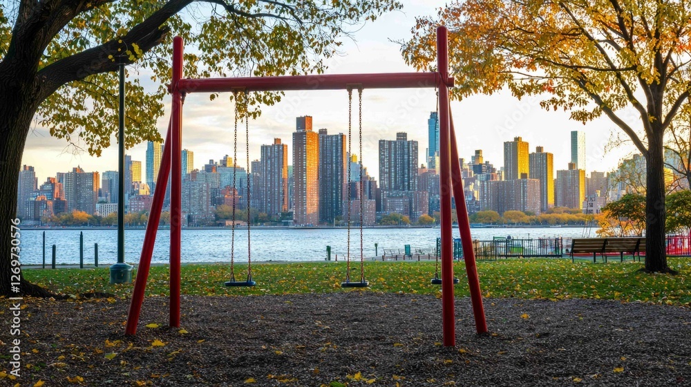 Fototapeta premium Urban Traditional Playground with Swing Set and City Skyline View