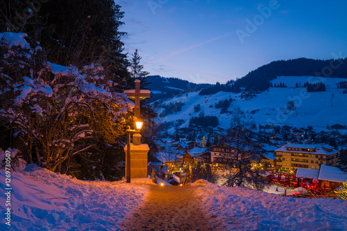 Photos The Calvary path at night in Megeve in Europe, France, Auvergne Rhone Alpes, Haute Savoie, Megeve, in summer, on a sunny day