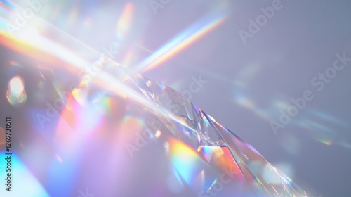 Light lens flare overlay. Photo of sun ray diffraction with scratch, dust and  leaks. Holographic effect background.