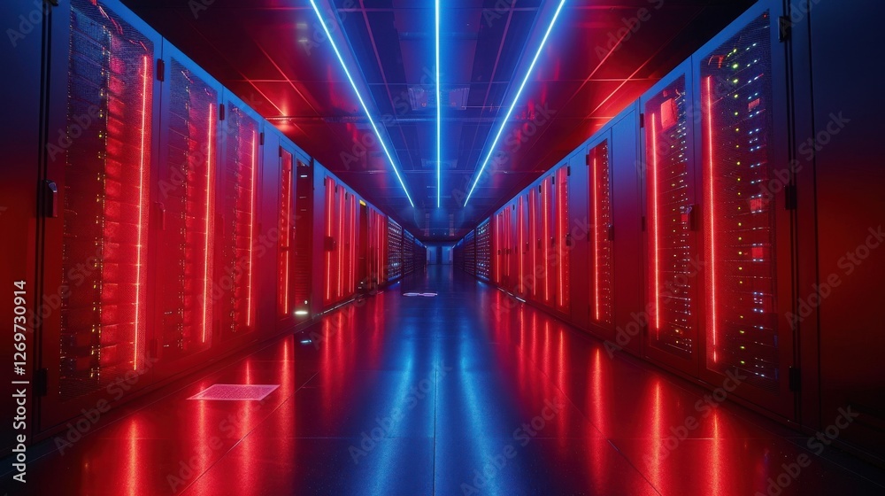 Fototapeta premium Futuristic View of a Data Center with Neon Red and Blue Lights Illuminating Server Racks in a High-Tech Environment