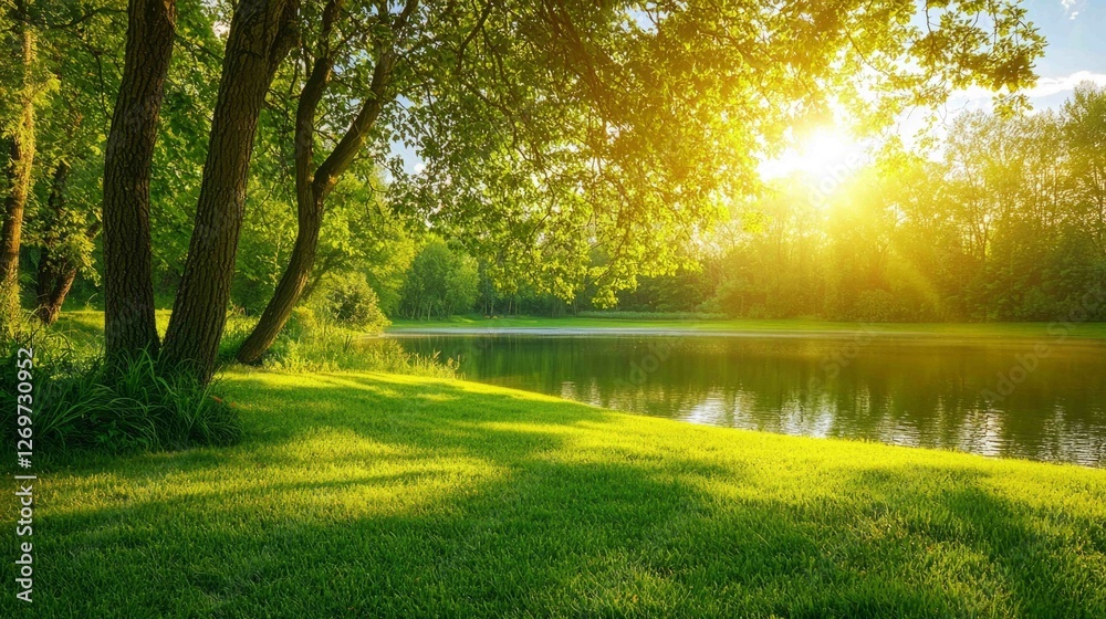 Naklejka premium Serene Lake View with Tranquil Trees and Calm Green Lawn