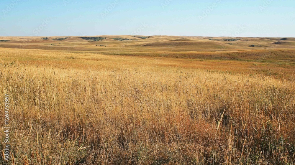 Expansive Prairie Landscape with Tall Grass Under Clear Blue Sky Expansive Prairie Landscape with Tall Grass Under Clear Blue Sky