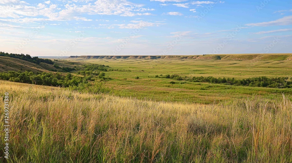 Vast Prairie Land Stretching Endlessly Under Bright Blue Sky Vast Prairie Land Stretching Endlessly Under Bright Blue Sky