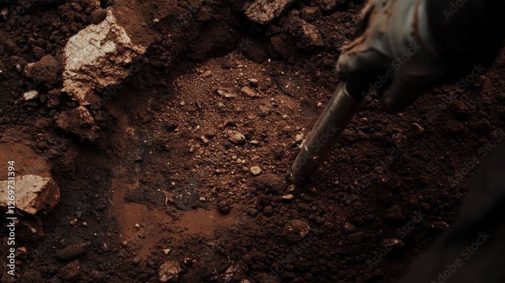 Fototapeta premium Close-up of a gloved hand digging into rich soil with a metal tool