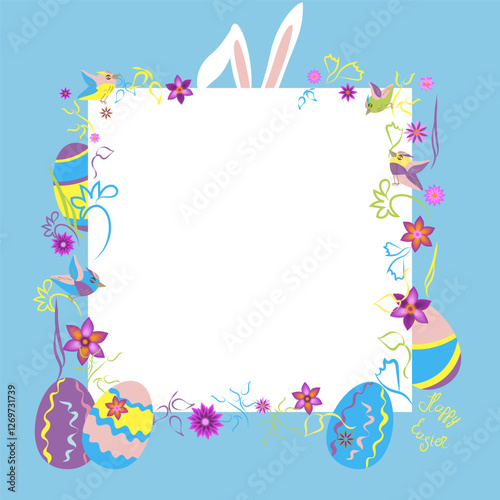 Easter greeting card with Easter bunnies and Easter eggs