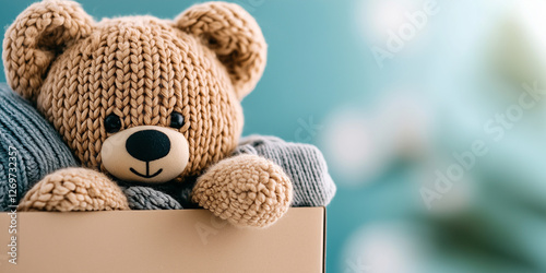 Adorable teddy bear in box with clothes for community rummage sales on blurred background
