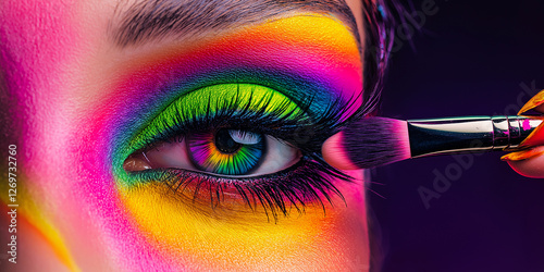 Close-up of eye with rainbow makeup and brush applying eyeshadow on dark background