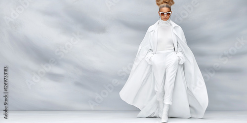 Elegant woman in white outfit confidently walking on runway at Fashion Week