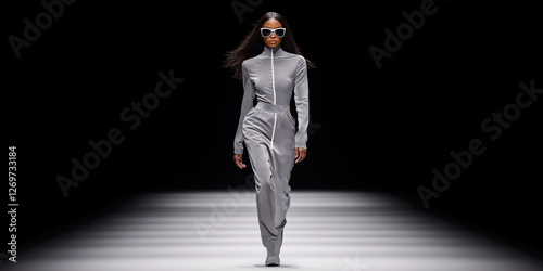 Stylish woman in grey jumpsuit confidently walking on dark runway during Fashion Week