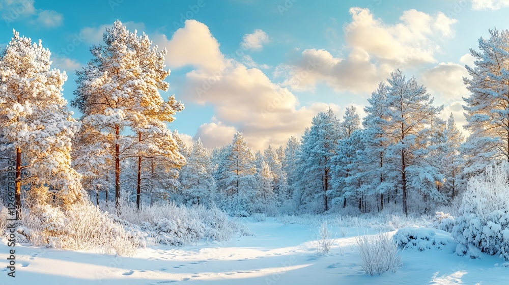 Obraz premium The breathtaking winter landscape showcases a vast field of fresh white snow, framed by tall evergreen pine trees and a clear blue sky, evoking a sense of serenity and tranquility