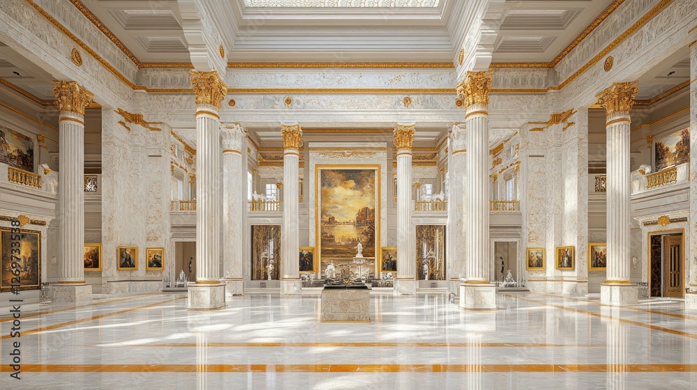 Obraz premium Grand hall with marble floors, gold accents, and classical artwork.