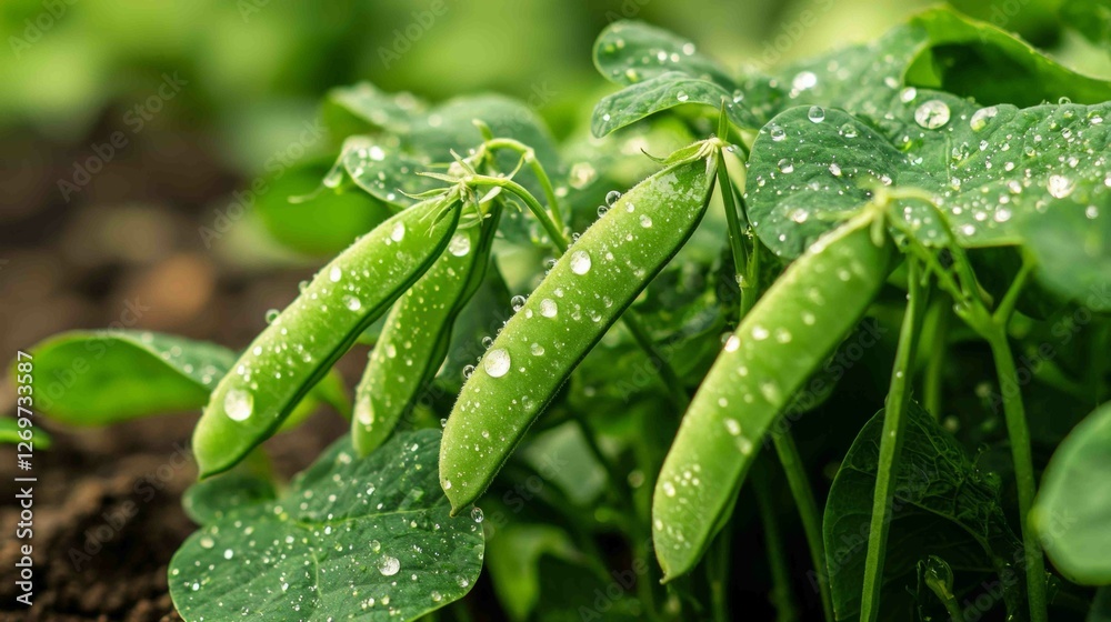 Fototapeta premium Vibrant Macro Shot of Individual Green Bean Shoots with Dew Drops